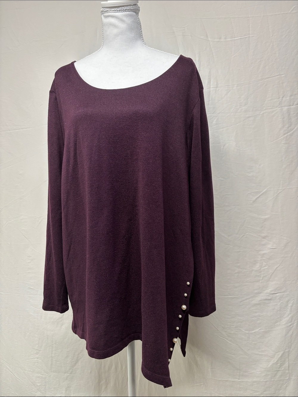 cleo Scoop Neck Long Sleeve Top in Deep Plum with Pearl Buttons